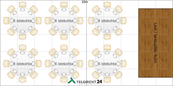 Peotelk 5 x 10m (48 istekohta, ümarlauad +lava) floor plan