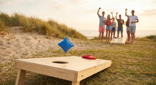 Cornhole loogihetk rannapeol - kott lendamas laua augu poole