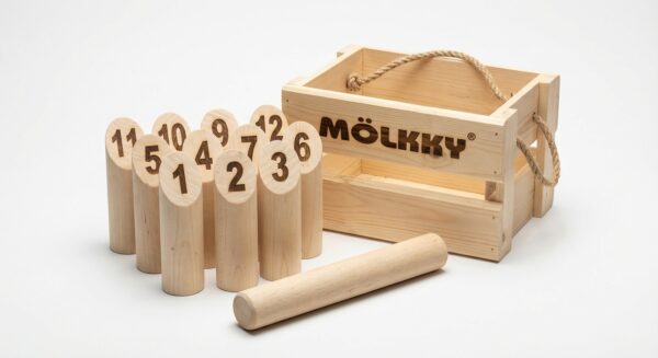 Molkky rent - 12 nummerdatud puidust kurikat ja viskepulk