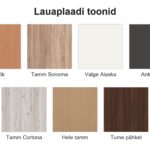 Konverentsilaua lauaplaadi toonid: pöök, tamm Sonoma, valge Alaska, antratsiit, tamm Cortona, hele tamm, tume pähkel